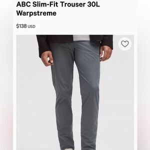 Men's Lululemon ABC Slim Fit Pants in Oil Grey, 31” waist 29” length